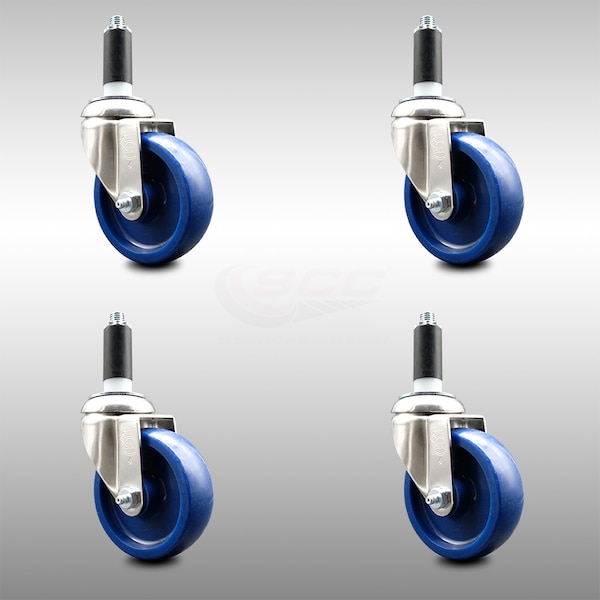 4 Inch 316SS Solid Polyurethane Swivel 1-1/8 Inch Expanding Stem Caster Set SCC